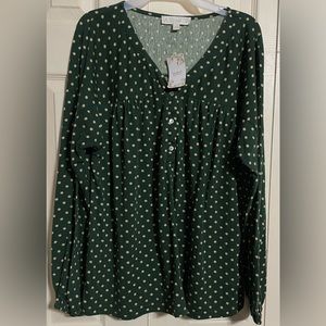 Suzanne Betro Green & Cream Polka Dot Long Sleeve Knit Top Tunic Sz Small NWT